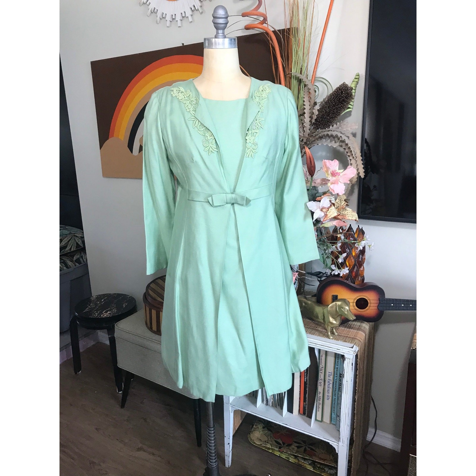 Vintage 1960s Mint Green Dress Jacket Set Fara White Plains Applique Ensemble