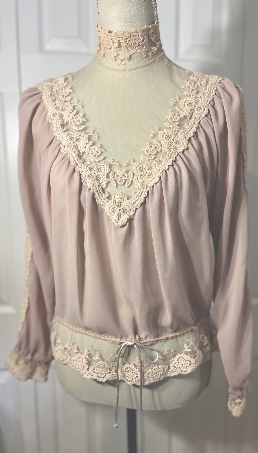 Victorian Chiffon Net Lace Blouse Sand Beige High Neck S/M