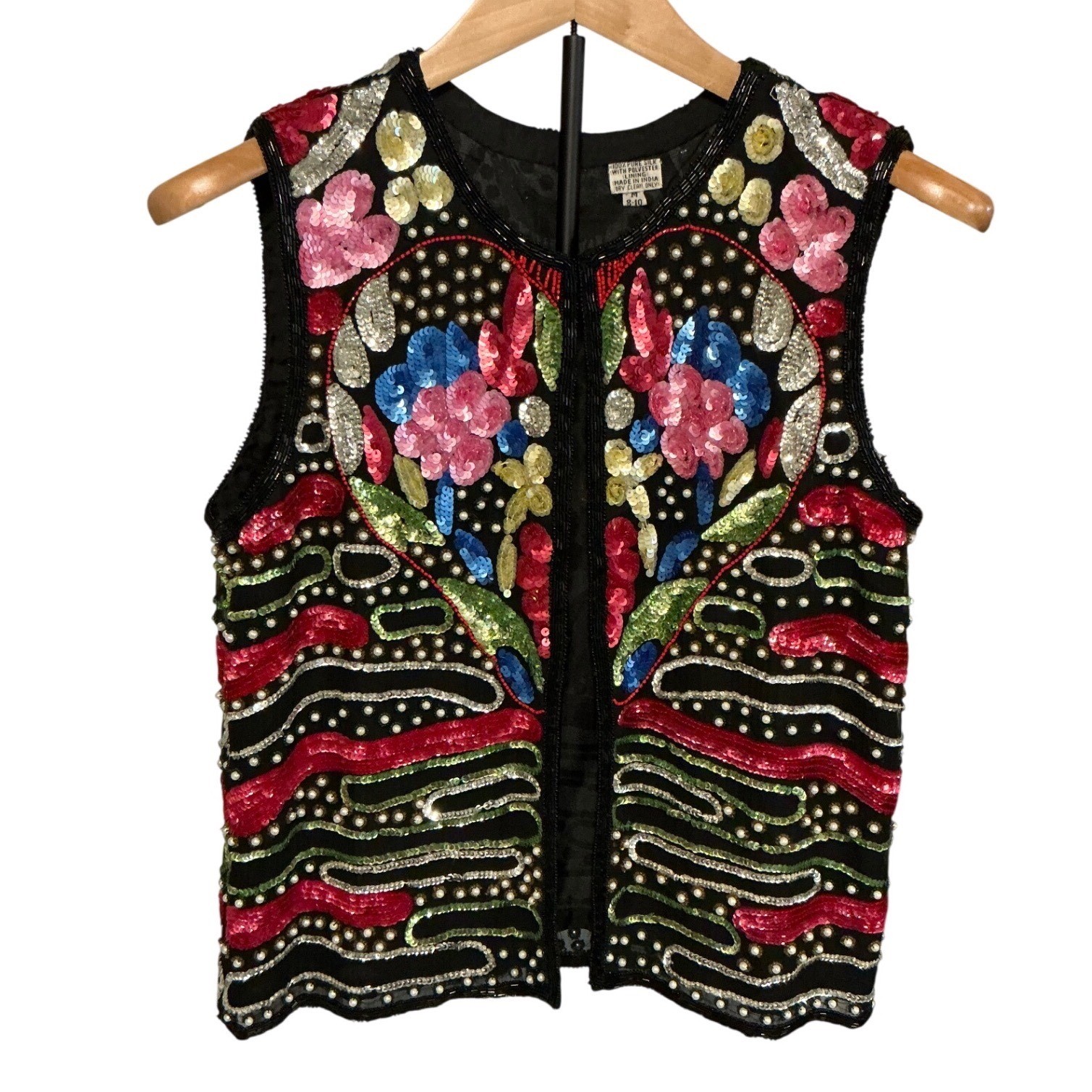 Vintage 80s Silk Beaded Sequin Vest Floral Heart Multicolor Black Size M L