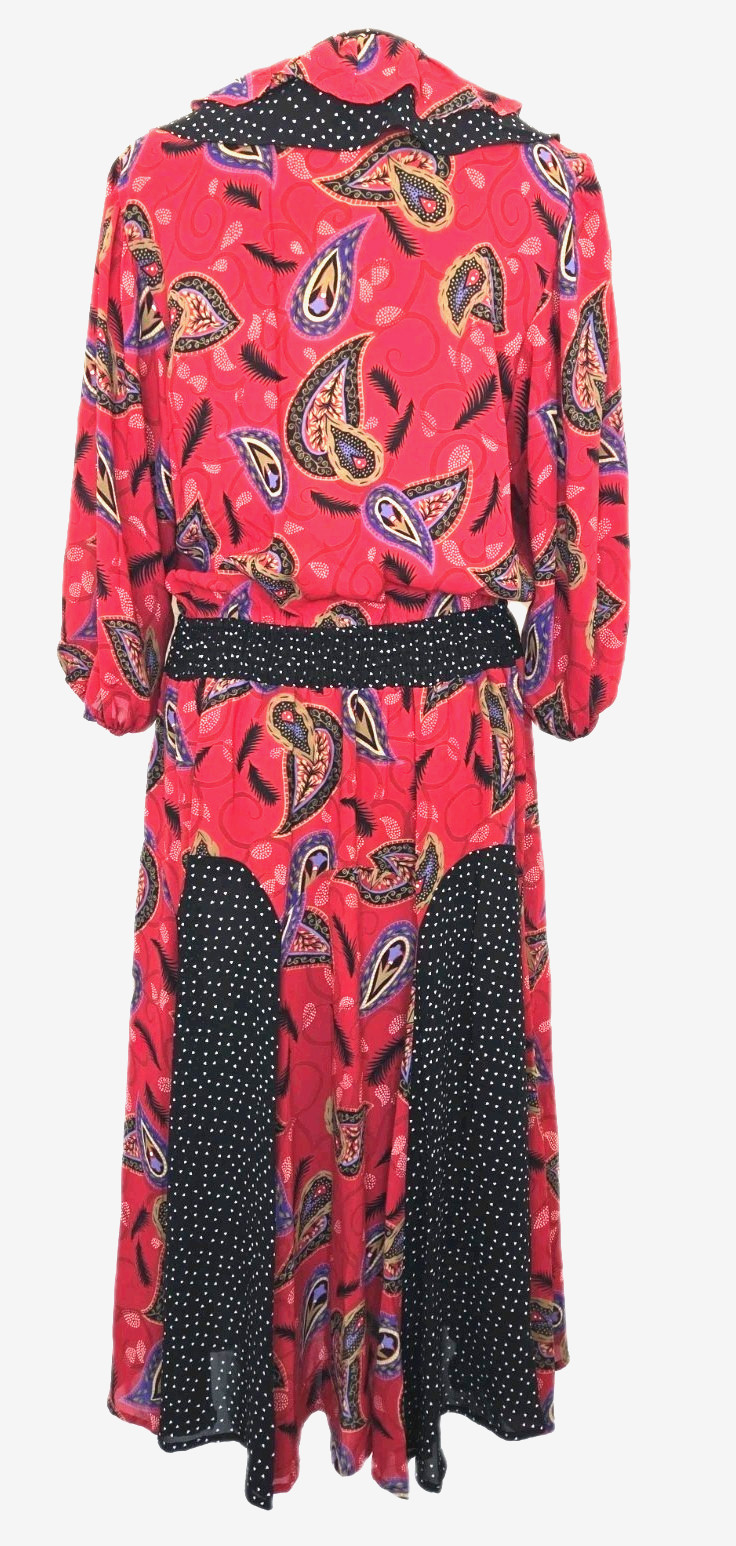 Assorti for Susan Freis M Vintage Midi Dress Ruffle Collar paisley Print red blk