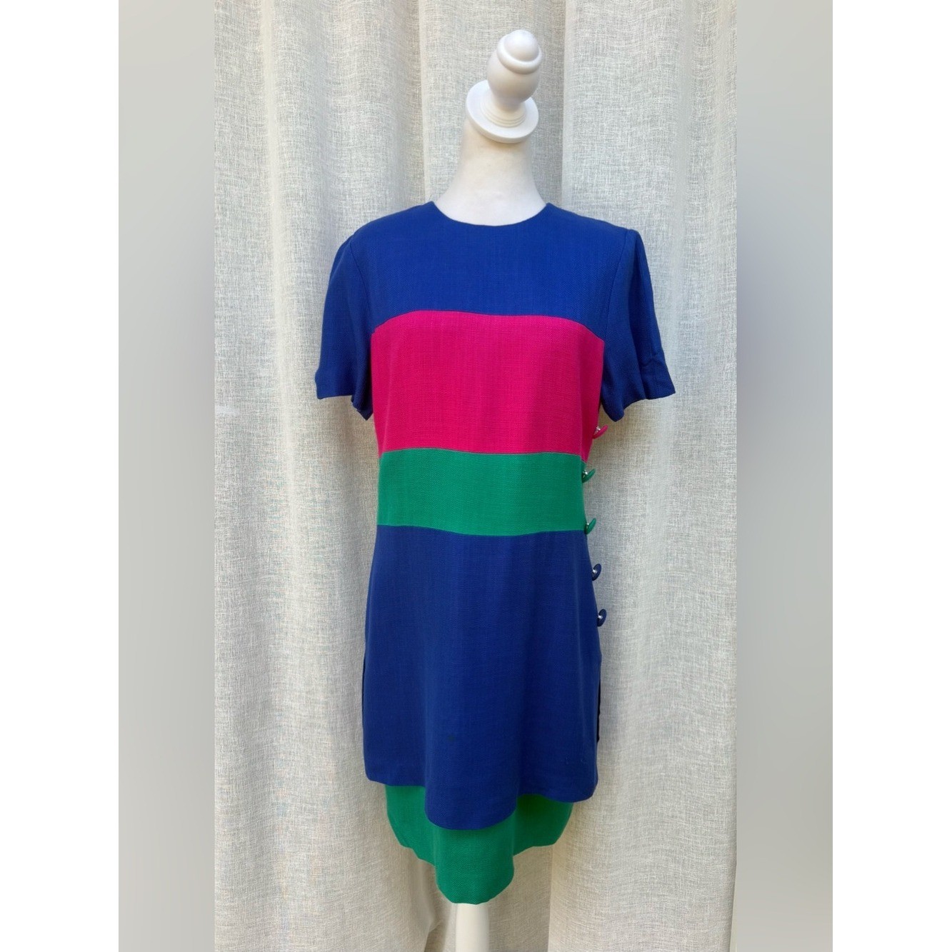 1980 Santa Fe bright blue green pink short color block shift sleeve dress