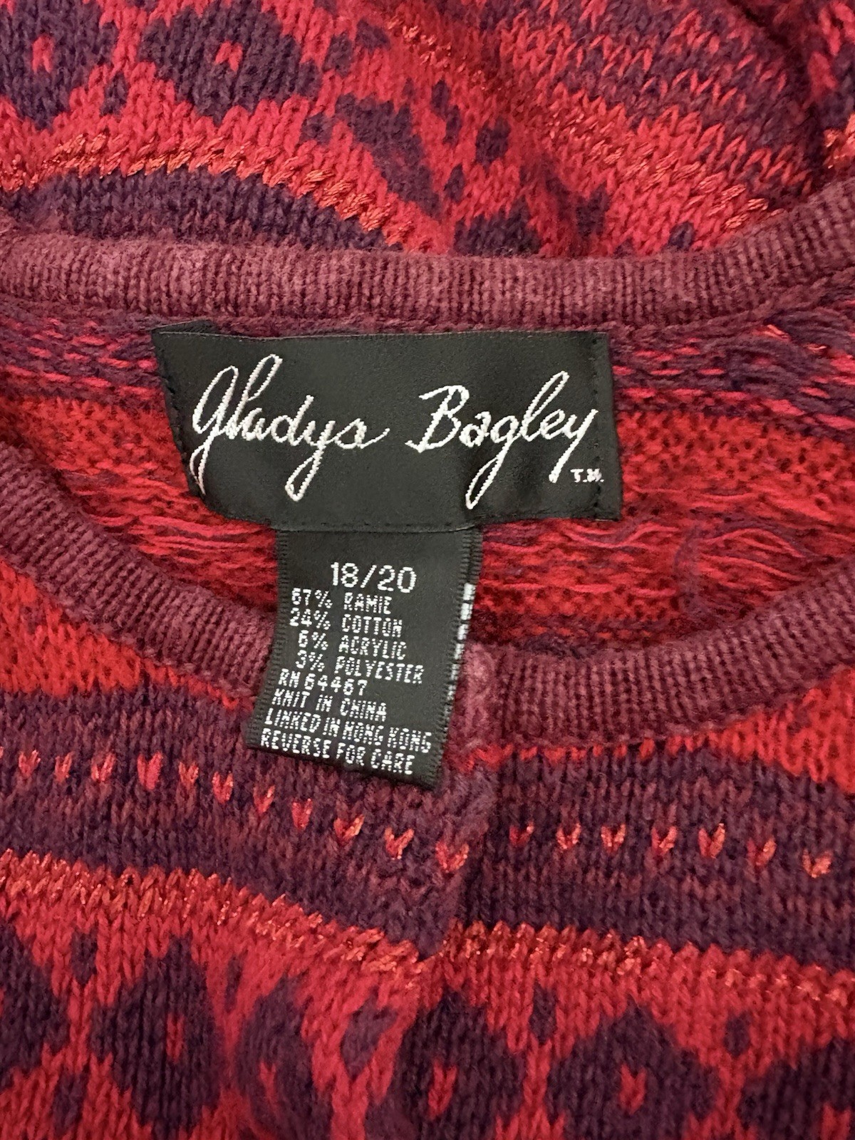 Gladys Bagley Sweater Cardigan 2X Red Fair isle Cotton Rami 18/20 Vintage 90s