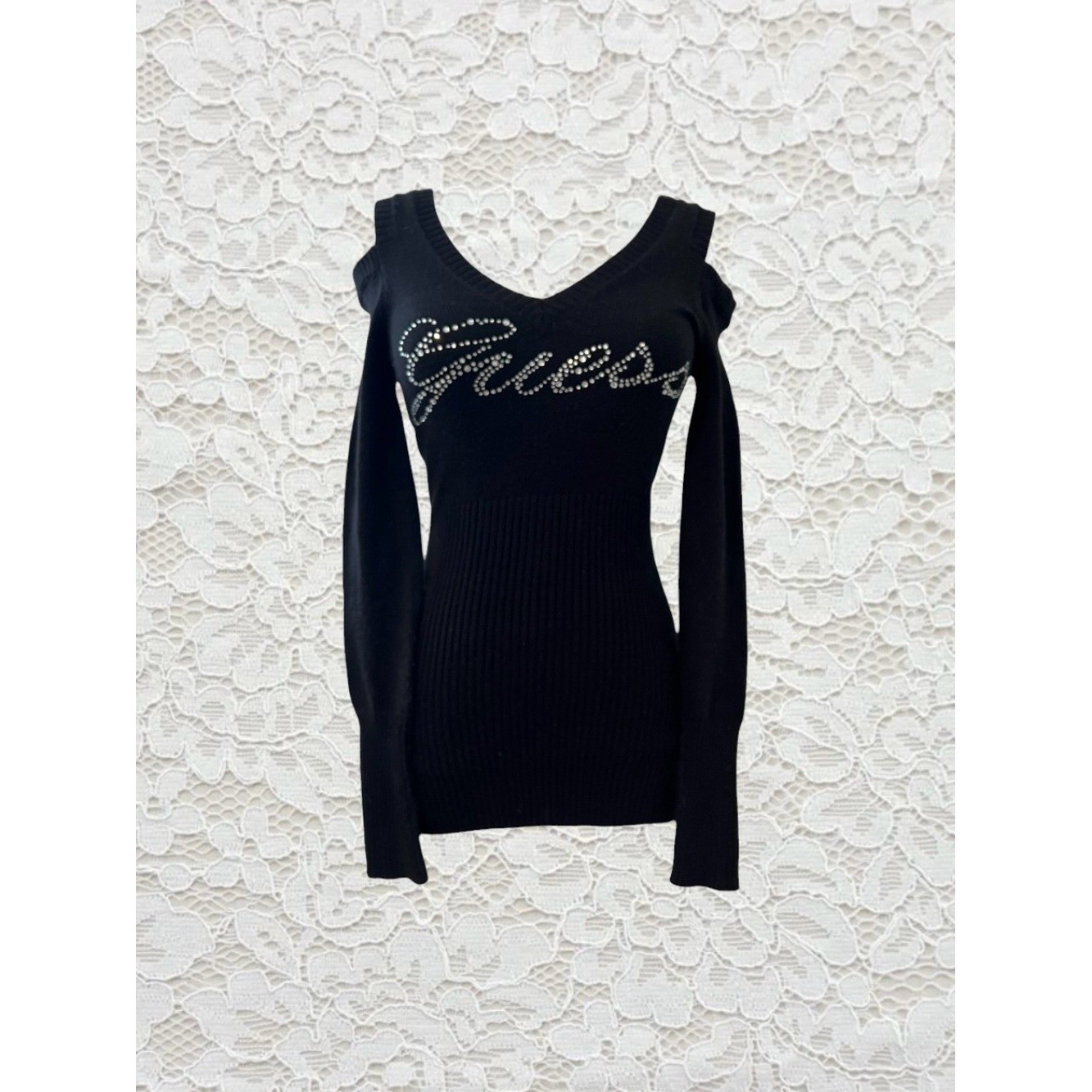 vintage guess black rhinestone long sleeve fitted sweater babydoll top