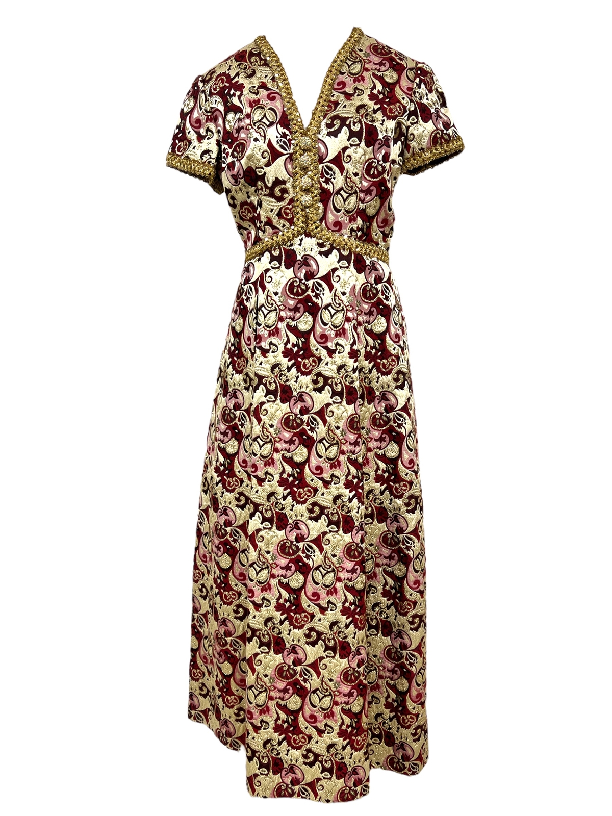 Vtg Vitage 1960s 60s Designer Harmay Burgundy and Gold Brocade Formal Gown