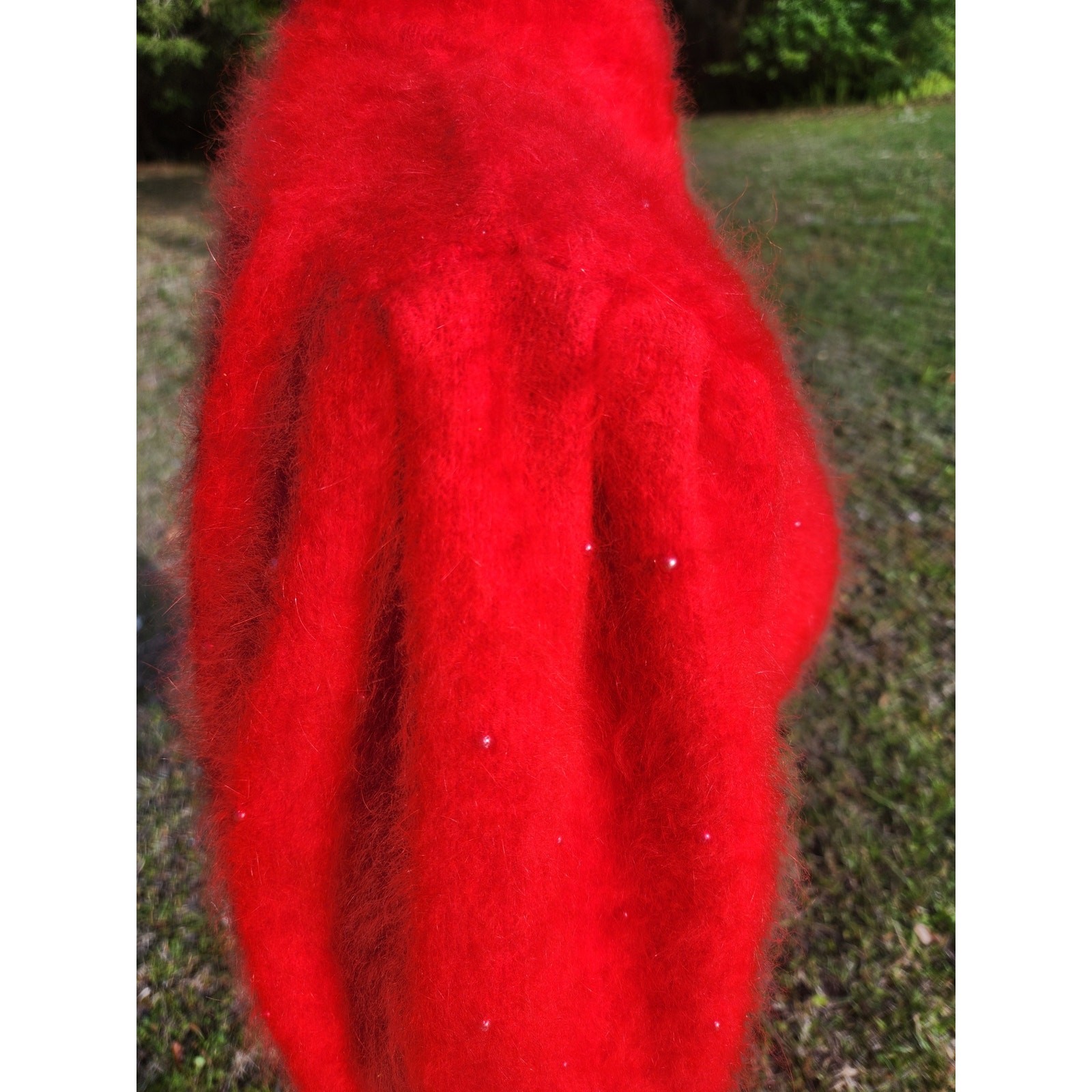 ANGORA Vtg TOMATO RED SWEATER Soft Bead Puff Sleeve Pullover Hi Neck Top M 38