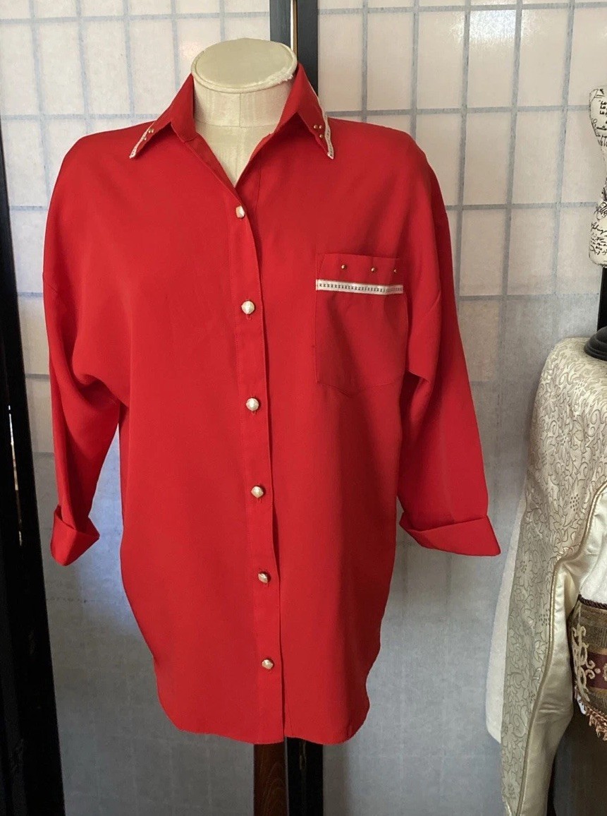 Seville VTG 80s Wom 10 Red Satin Blouse Beaded w/Trims 3/4 Cuff Sleeves GORGEOUS
