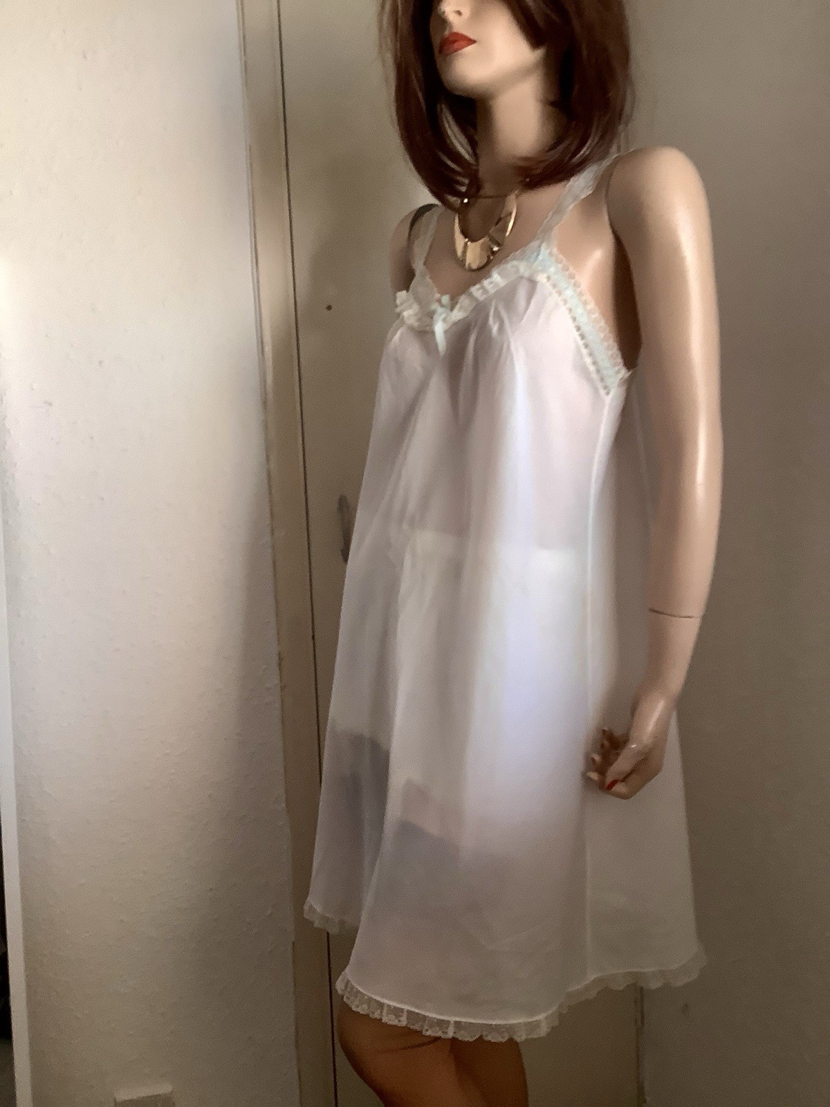 Vtg St Michael White Sheer Silky Terylene Nylon & Lace Nightie or Full Slip