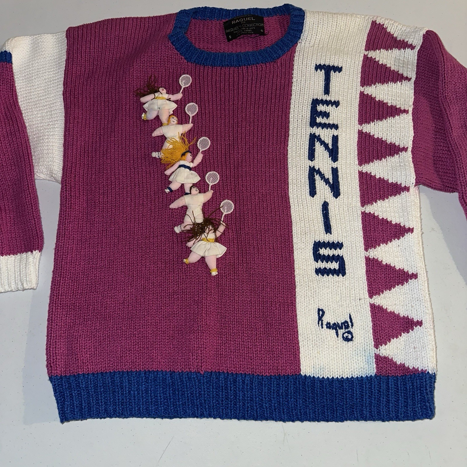 Vintage 1980s Raquels Collection 3D Tennis Knit Sweater Size Small Colorblock