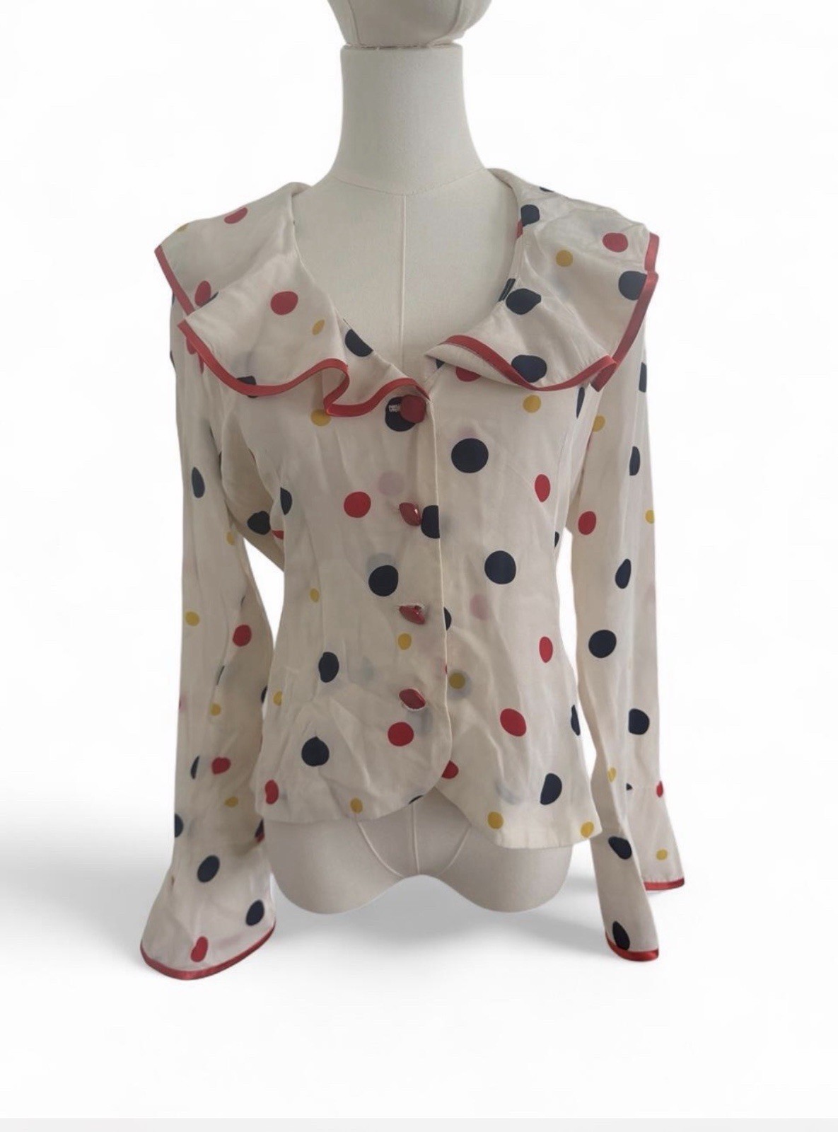 Vintage 1970s–80s Silk Polka Dot Blouse | Bell Sleeves & Ribbon Trim