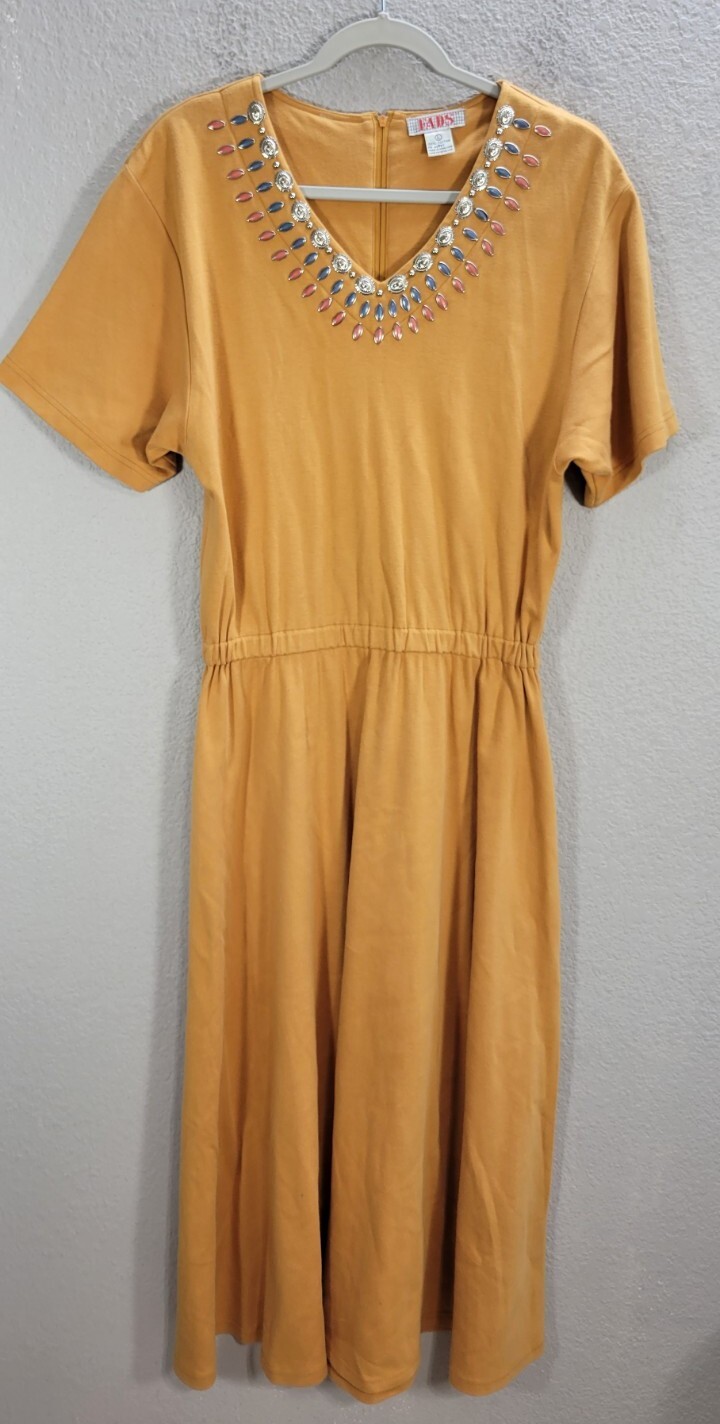 Vtg Women’s L FADS Orange Shirt Dress Long Concho Embellished Collar Flare Boho