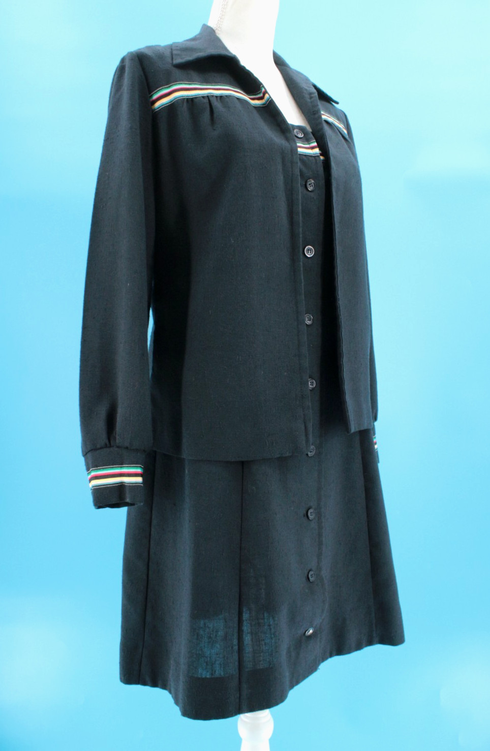 Vtg Women’s 70s 2 Pc Black W/ Rainbow Trim Dress & Top / Shirt Set XS/S 1970s