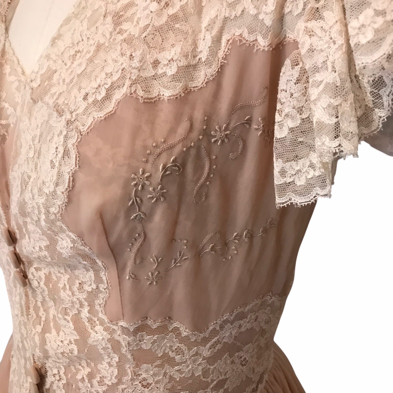 VTG Chiffon Babydoll Peignoir Set Sheer Lace Ruffle Romantic Victorian Women’s S