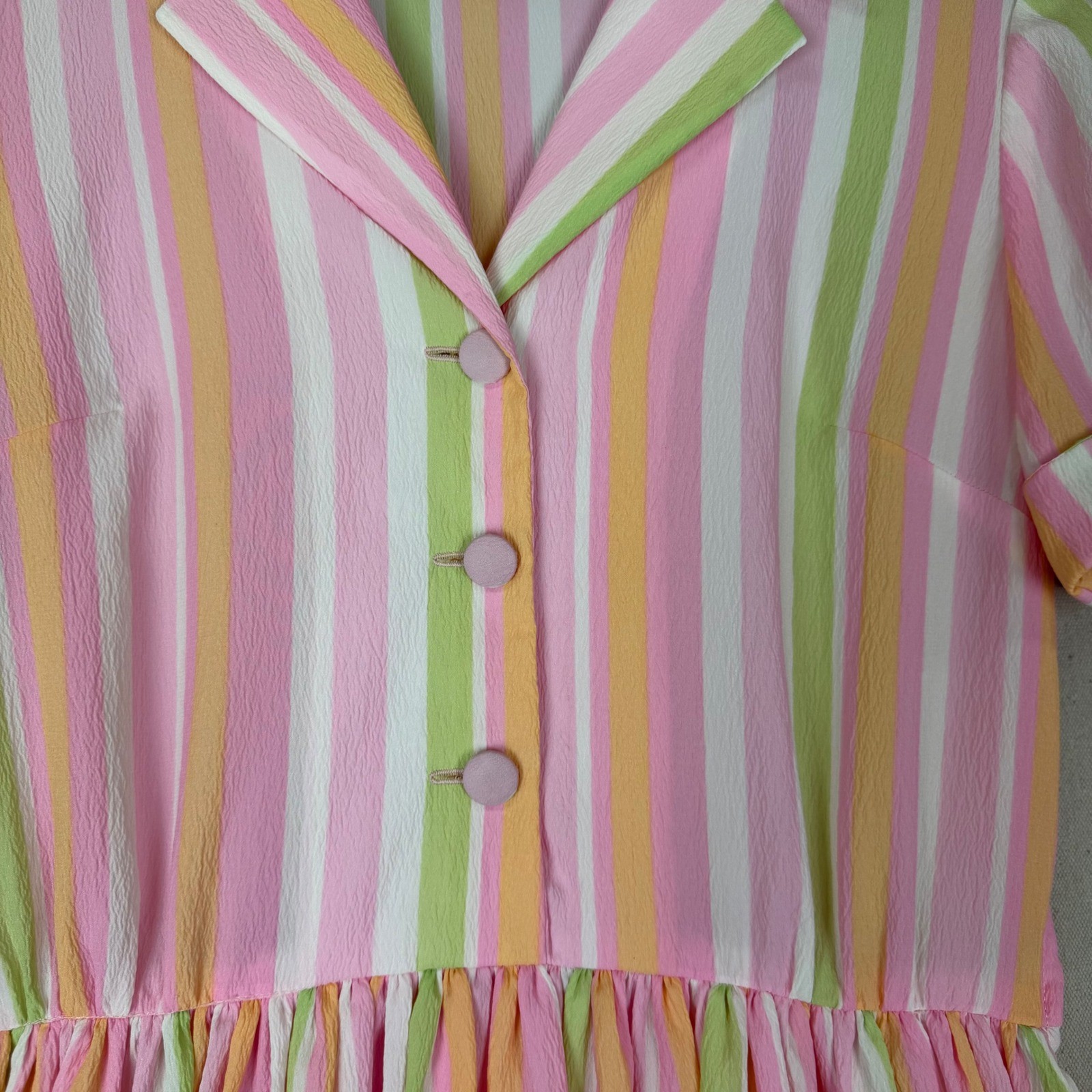 Vintage Pink Green Striped Fit & Flare Dress with Belt Short Sleeve Retro VTG