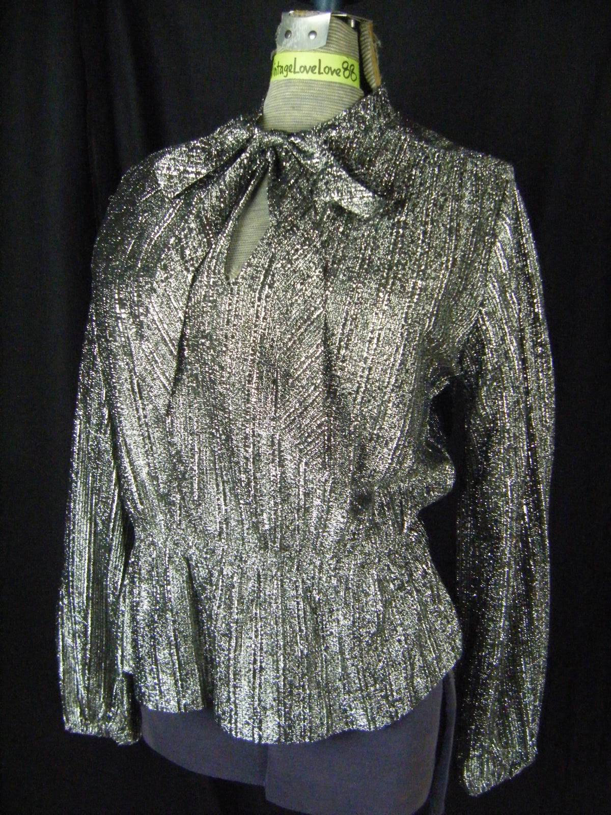 JUDY BOND Vtg 60-70s Metallic Silver Crepe Party Bow Blouse-Bust 40/S