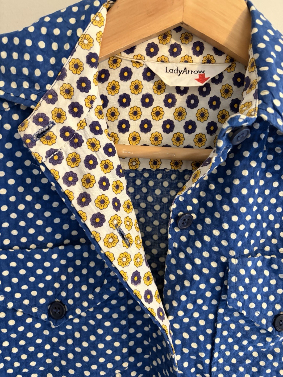 Lady Arrow Vintage Shirt Top Blouse Polka Dots Floral Trim Excellent Seersucker