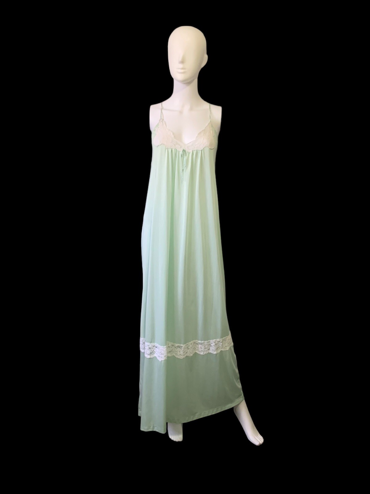 VTG Rene Nylon Nightgown Slip Dress Retro Mod Lace 70s Green Rope Nightie Gown