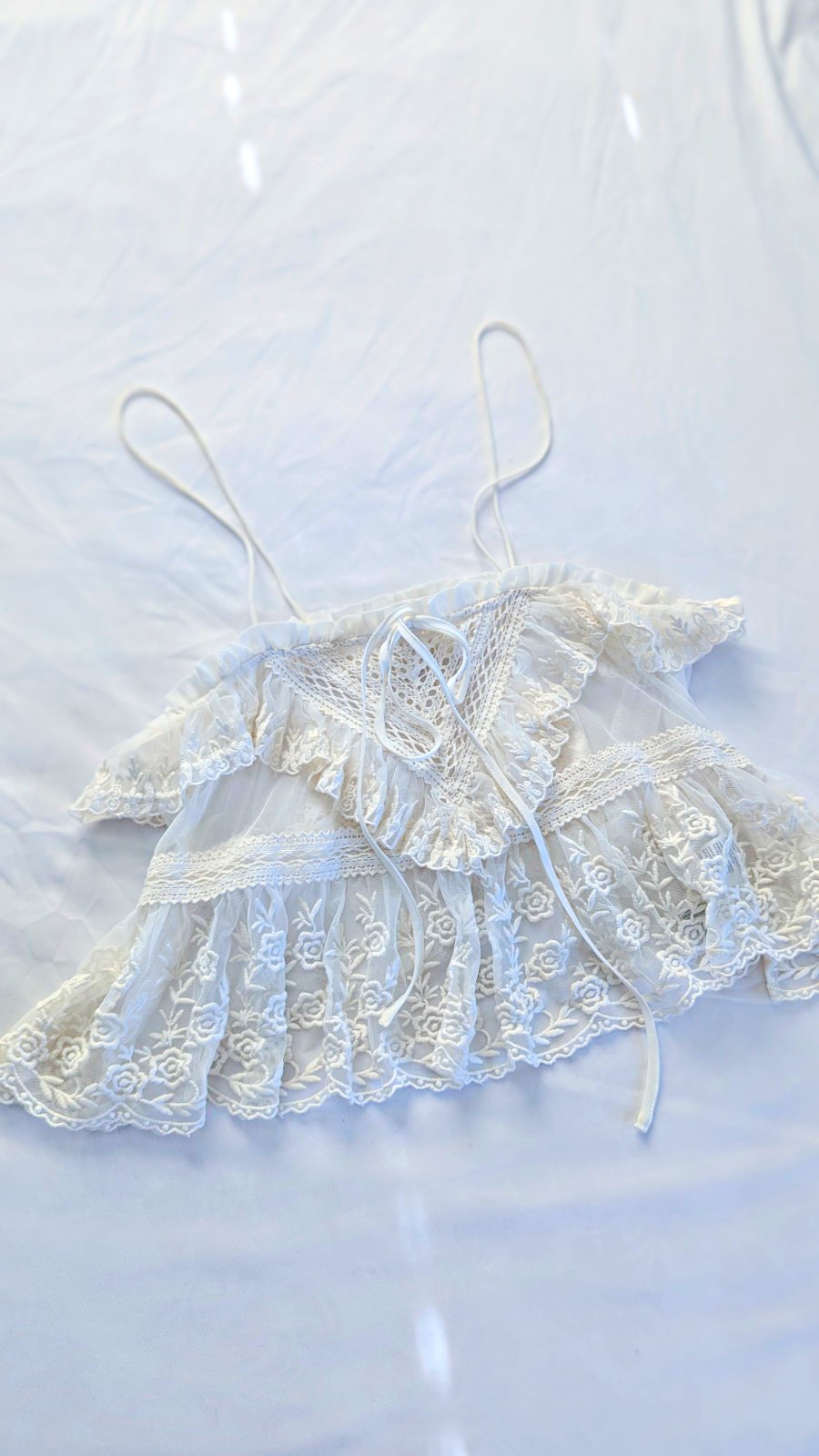 Free People White Lace Mesh Camisole Top Spaghetti Straps Bow Detail