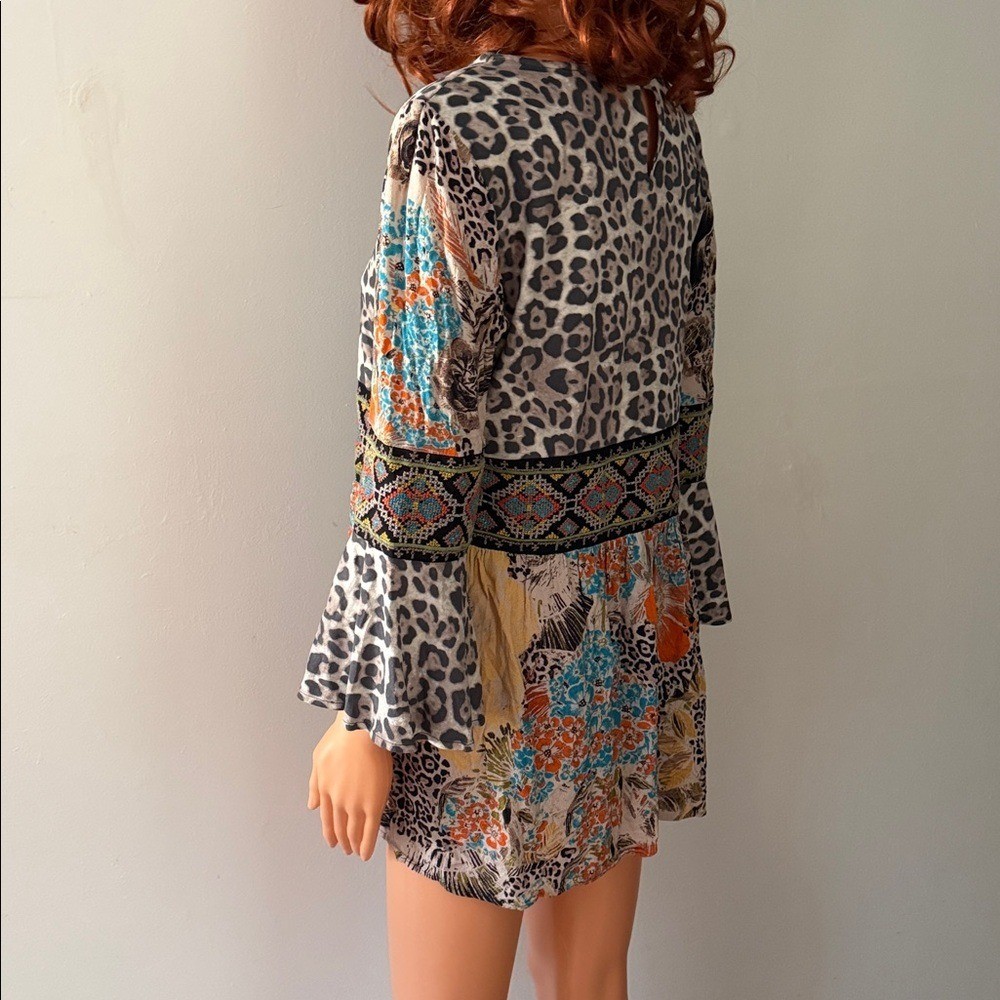 Y2K Sharon Young Leopard Peasant Fairy Floral Top Tunic Boho Vintage Boho M