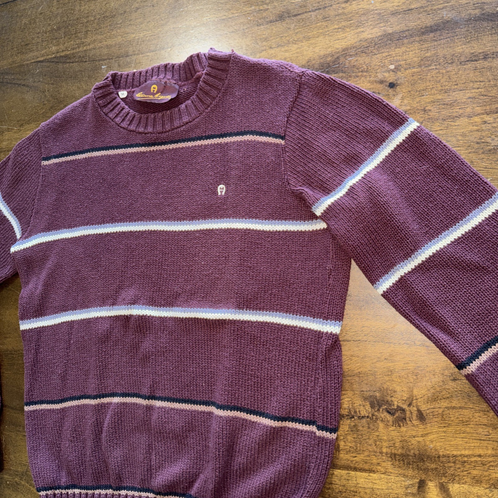 Vintage 70s ETIENNE AIGNER Womens M Cotton Sweater Union Tag USA Burgundy Stripe