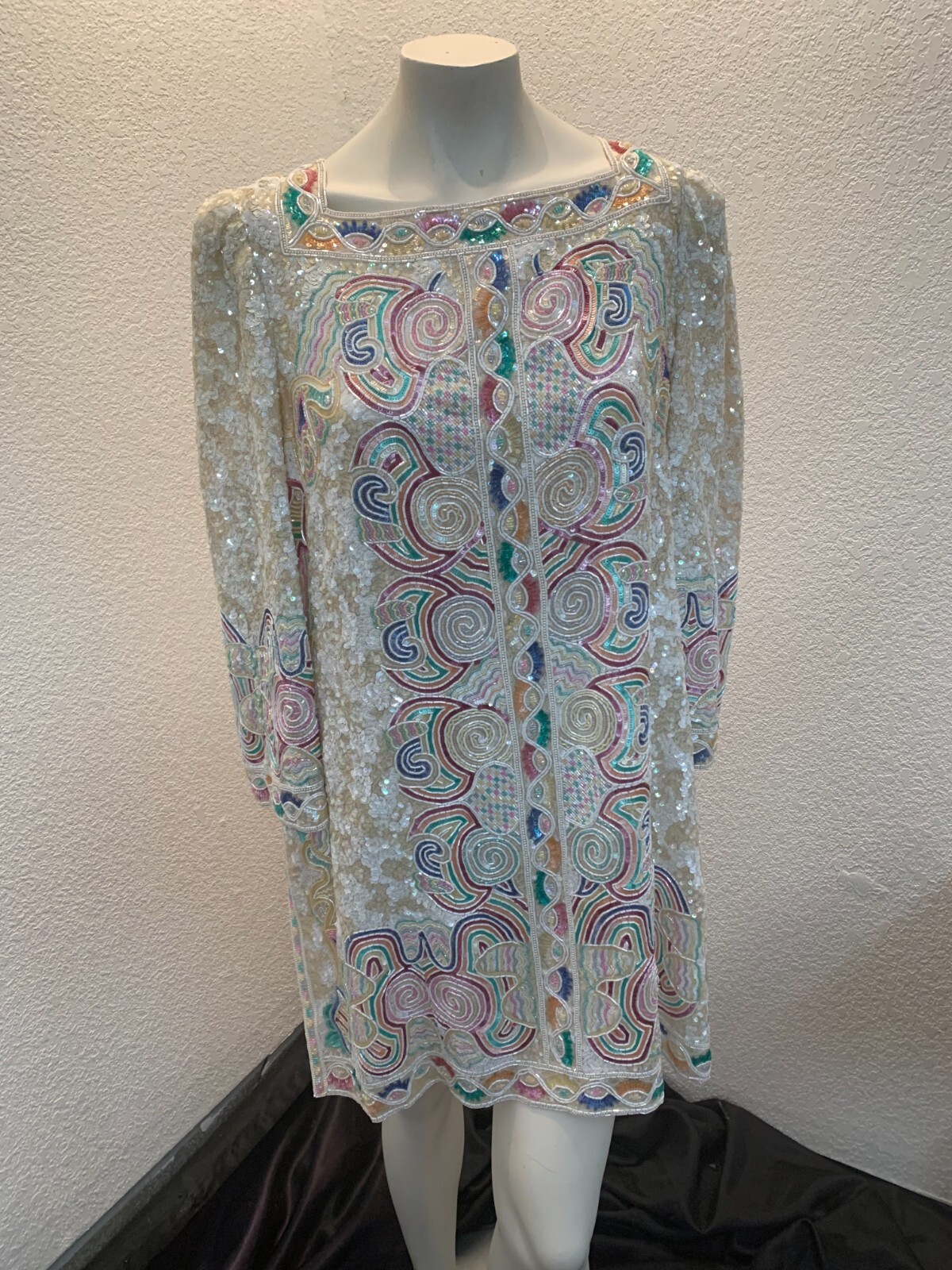 Vintage heavily beaded fabulous Mary McFadden tunic sz 16 pre owned cream/multi