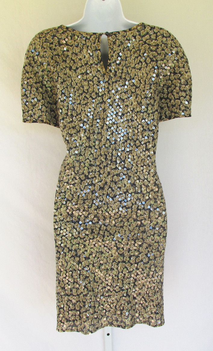 VINTAGE 1960s 70s MOD DRESS SILVER THREADS SEQUINS BLACK KEY HOLE SEQUINS TAN