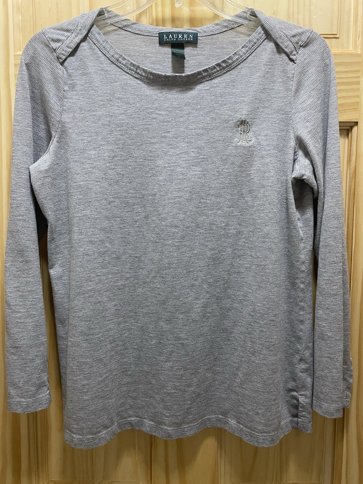 Lauren Ralph Lauren womans Gray Stripe Long Sleeve Top Size M boat neck
