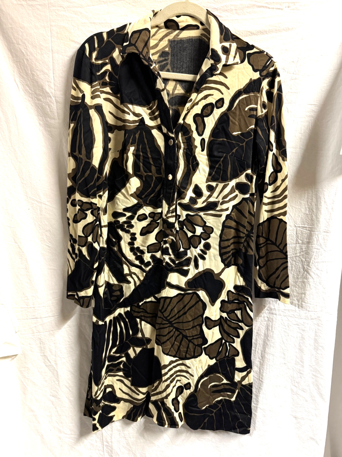 Mod 60s L Dress Buttonfront Shirtdress Polyester Knit Stretch Palms Hawaiian