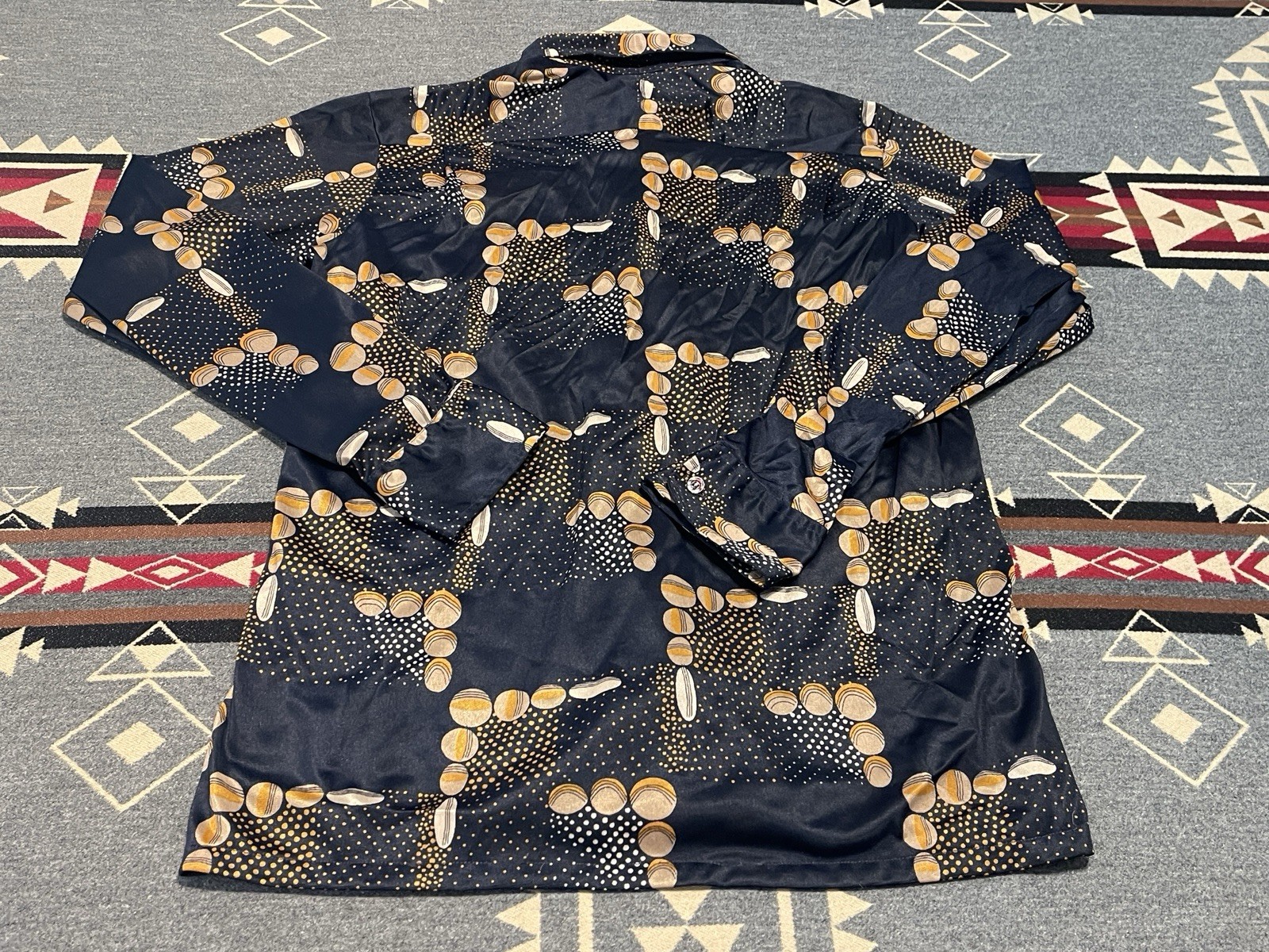 Vintage 70s Geometric Abstract Blouse Navy Gold Women’s L USA T2