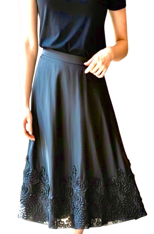 Onyx Nite Midi Black Taffeta Round Skirt Ribbon Trim Y2K Swing Dance Sz Med