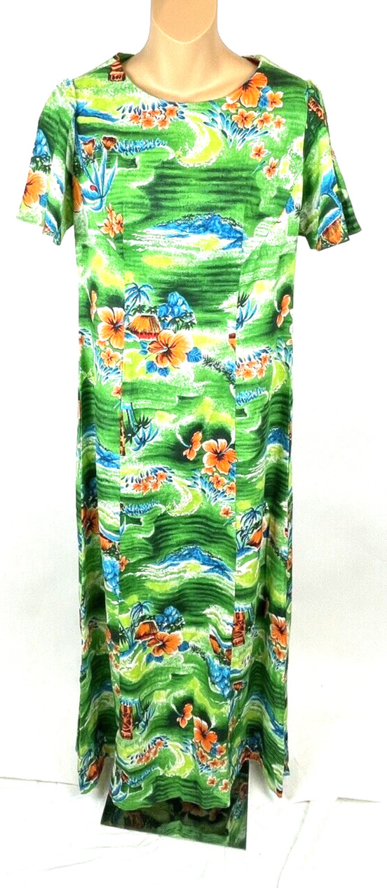 Vintage Hawaiian Dress Size 12 Large Tropical Green Floral Maxi Barkcloth