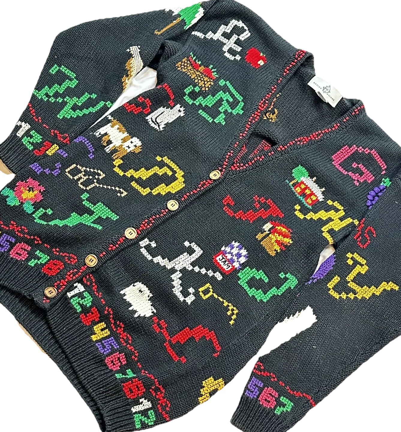 Vintage DESIGN OPTIONS Knitwear Cardigan Sweater Alphabet And Numbers Sz. Small