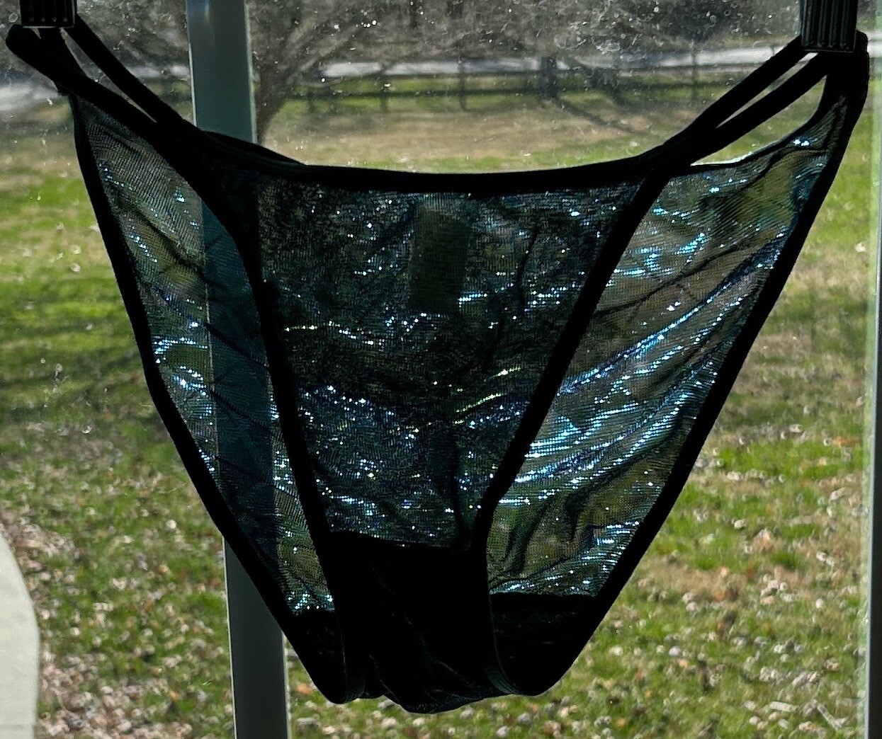 Van Dale Blue Shiny Silky Mesh String Bikini Nylon Panties Womens M NOS