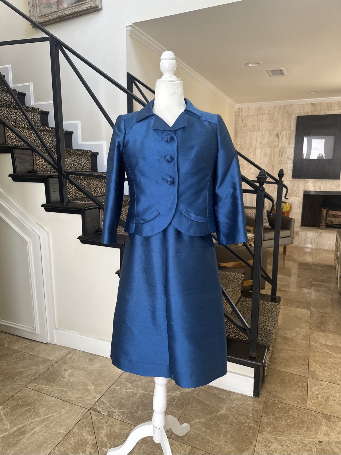 Hannah Troy VTG 50s Marine Blue Stiff Raw Silk Cocktail Dress Short Jacket S