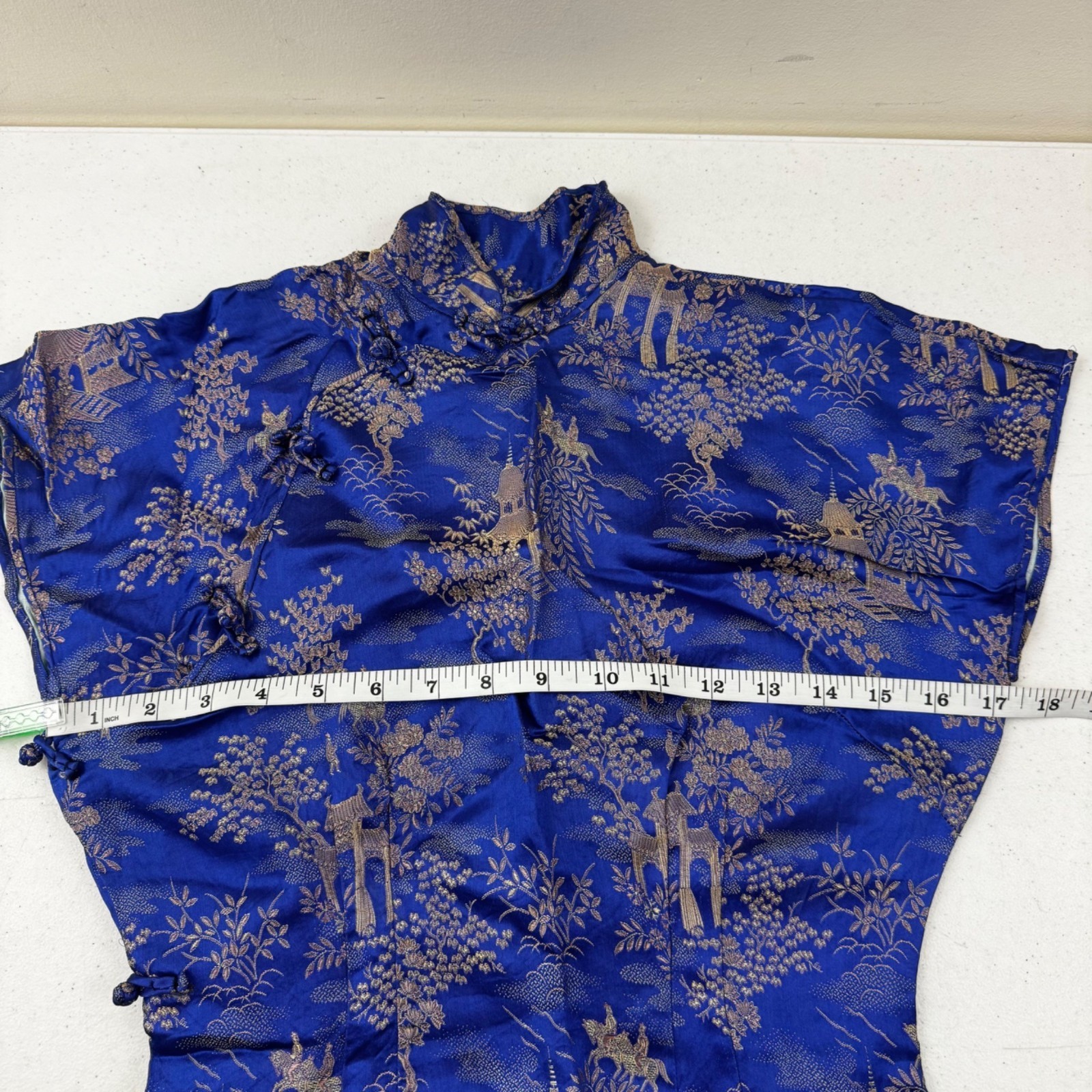 Vintage Blue & Gold Asian Brocade Cheongsam Dress With High Collar & Side Button