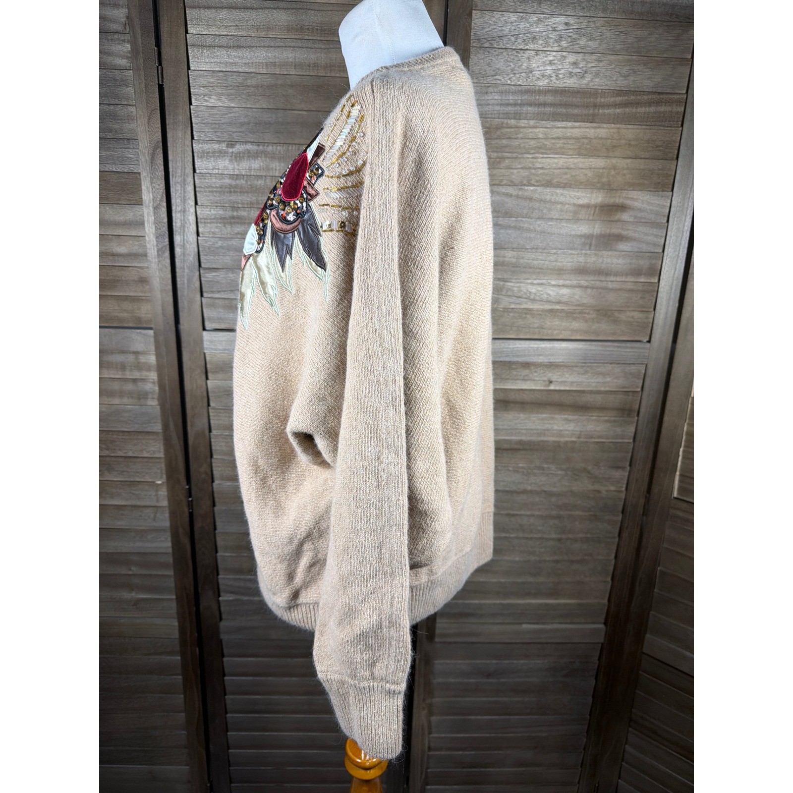 Maurada Vintage Silk Angora Bead Embellished Floral Sweater Tan Beige 3X 61009