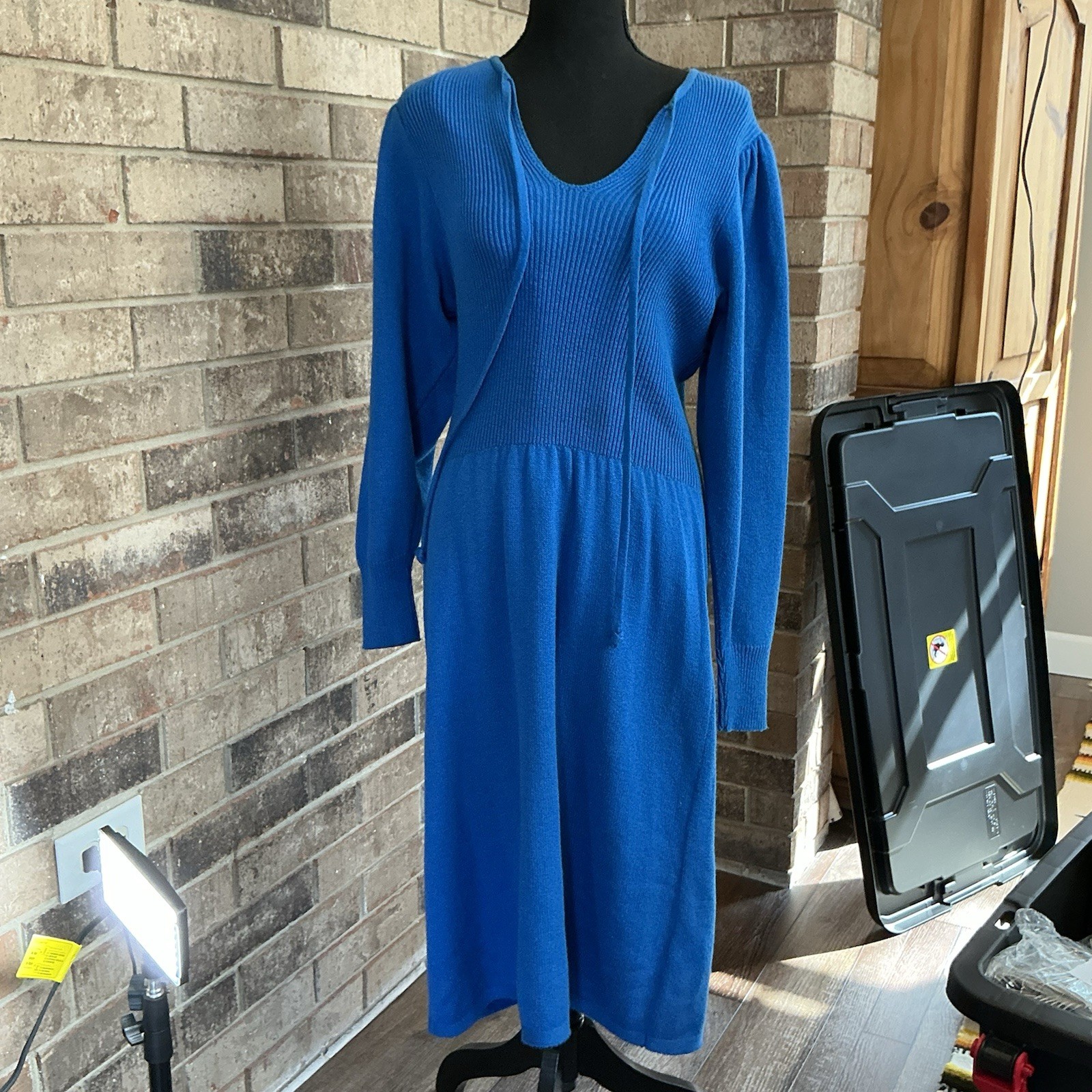 VINTAGE Schrader Sport Knit Blue Sweater Dress Sz 10 USA Made Puff Sleeve #30C4