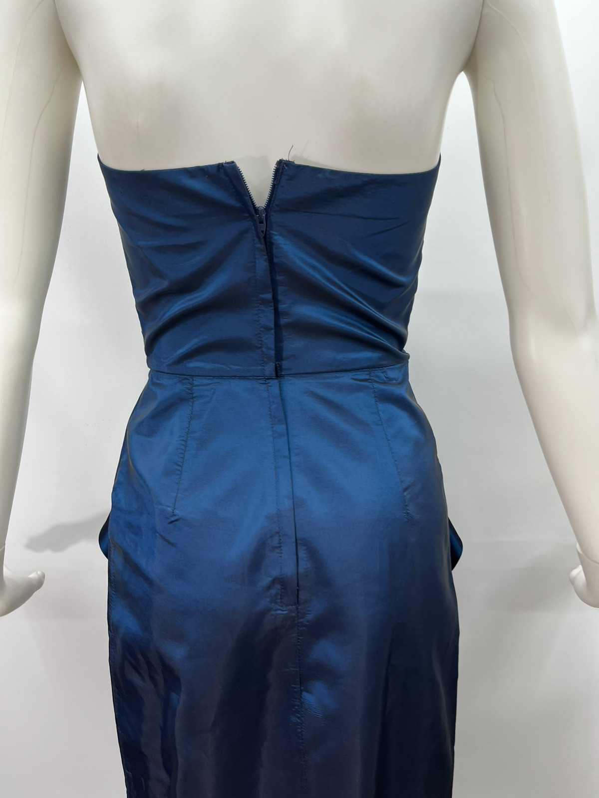 80s Vtg Roberta Party Dress Blue Iridescent Taffeta Bow Rhinestones Prom Wiggle