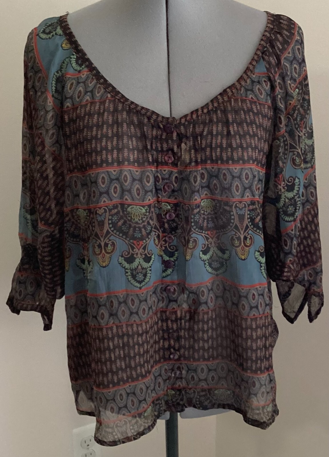 VTG Passport Pier 1 black teal pattern scoop v neck button sheer BOHO 3/4 sleeve