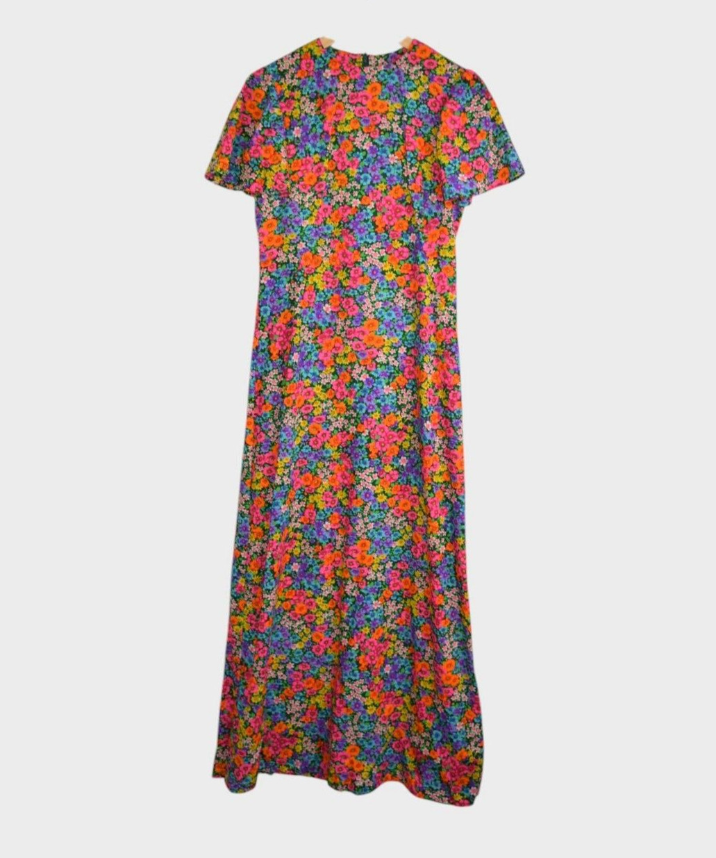 Vintage 60s Dress Womens S Floral Multicolor Maxi Short Sleeve Day Hippy Boho
