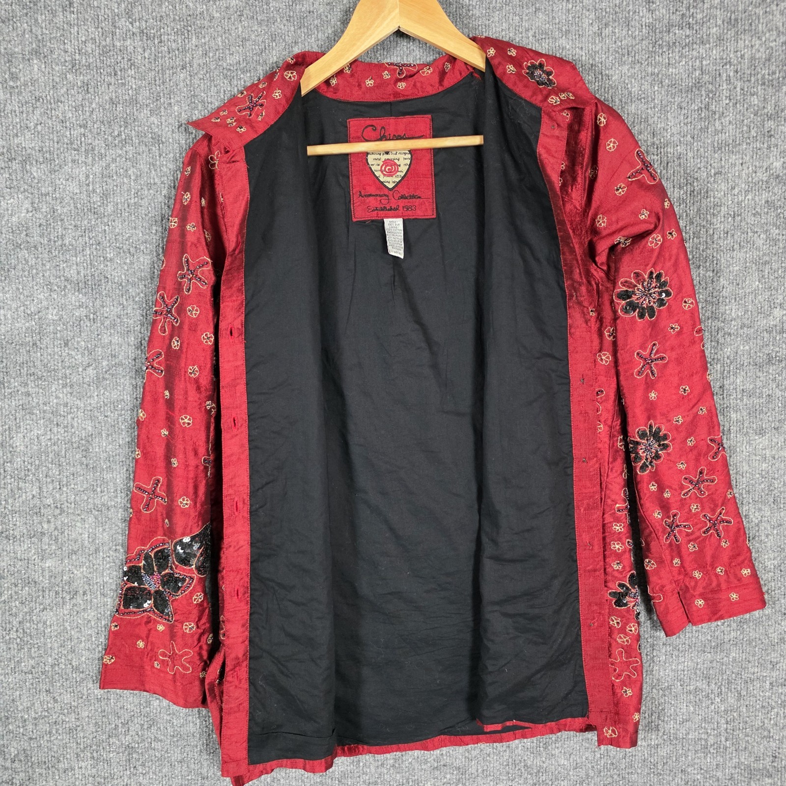 Chicos Dupioni Silk Beaded Shirt Womens XL Red Asian Art To Wear Sequin Vintage
