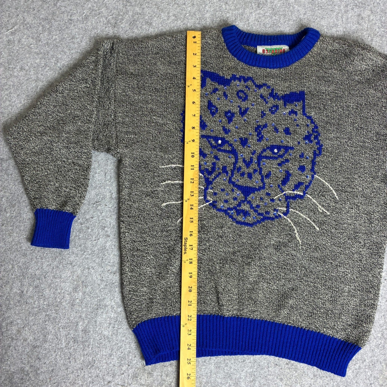 Vintage Oscarino Women’s Size Large Tall Grey Blue Leopard Knit Sweater Retro