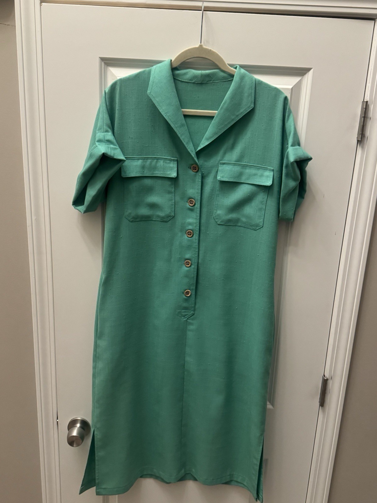 Vintage Green Cotton Slub Shirt Dress Button Front Safari Utility Medium