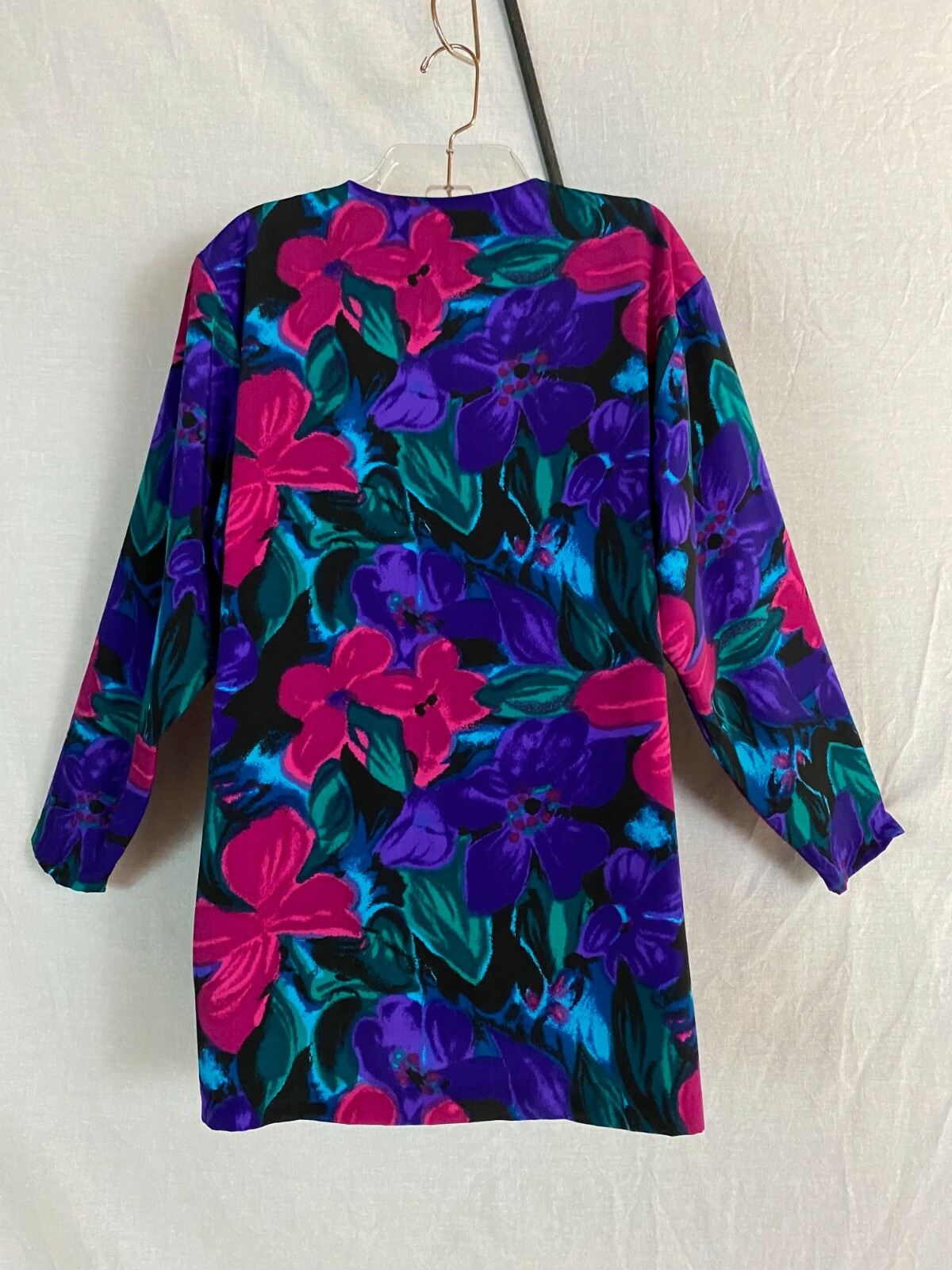 Vtg 80s S G Sport Jacket Top Floral Black Purple Magenta Blue Green Belted USA L