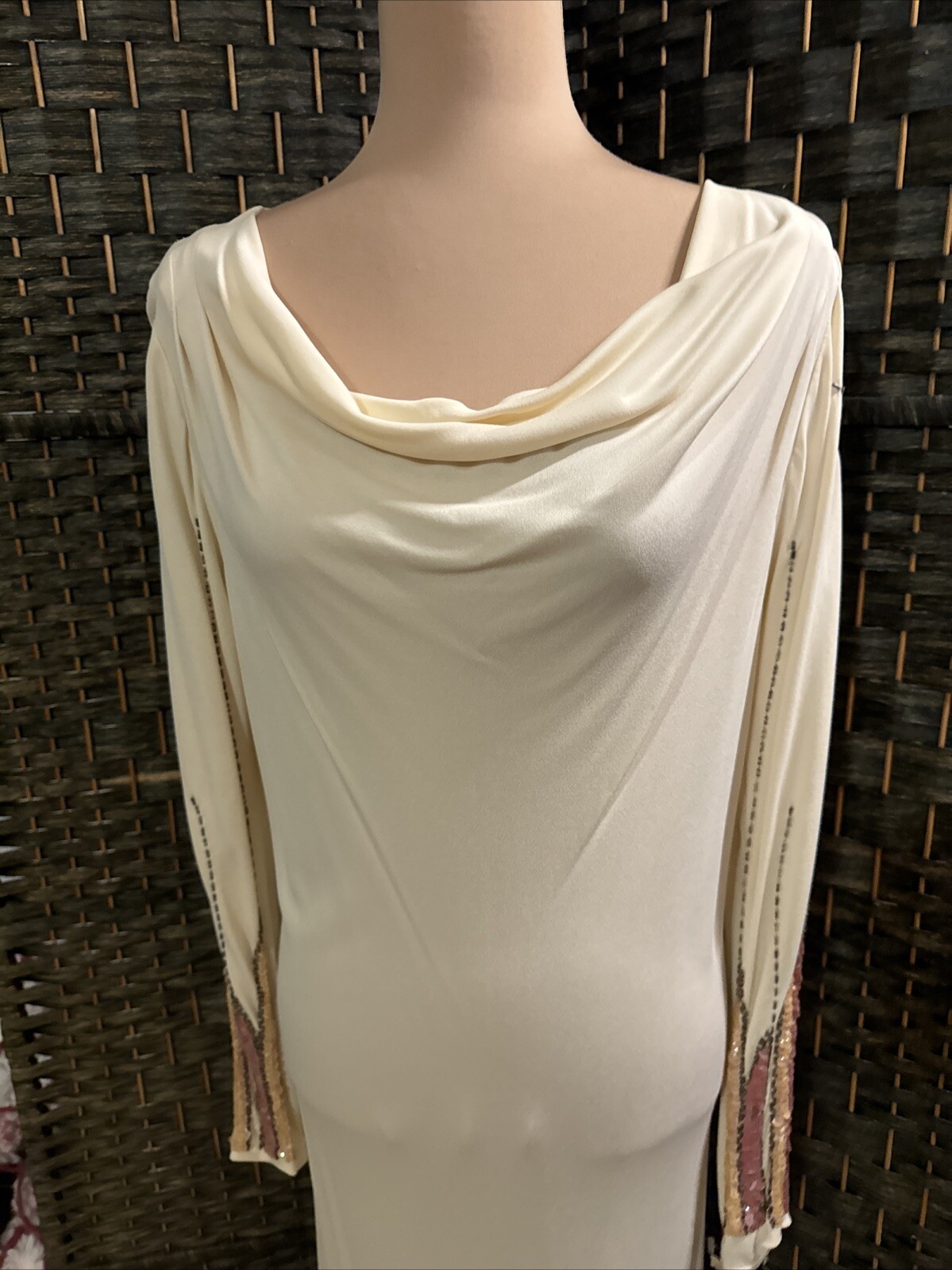 Vintage Muney New York Size 10 Cream Dress Sequin Beaded Long Sleeves