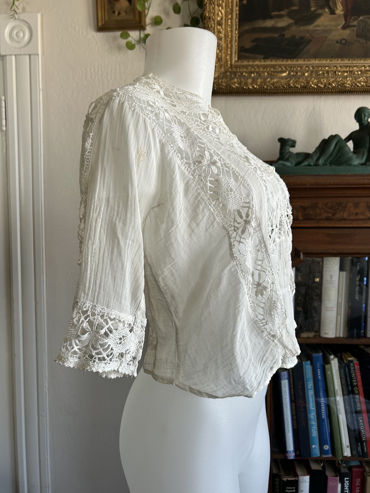 Antique Victorian Edwardian White Lace Gauze Blouse Crochet Insert Cottagecore S