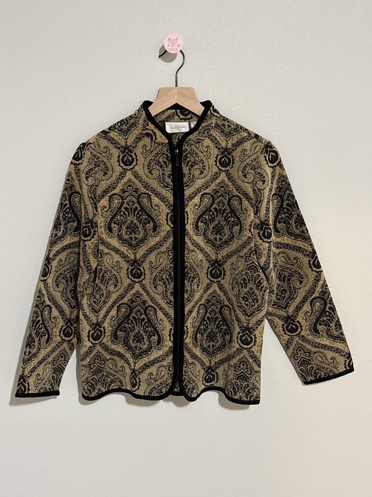 Studio Works Womens Jacket Size S Tan Black Paisley Full Zip Cardigan