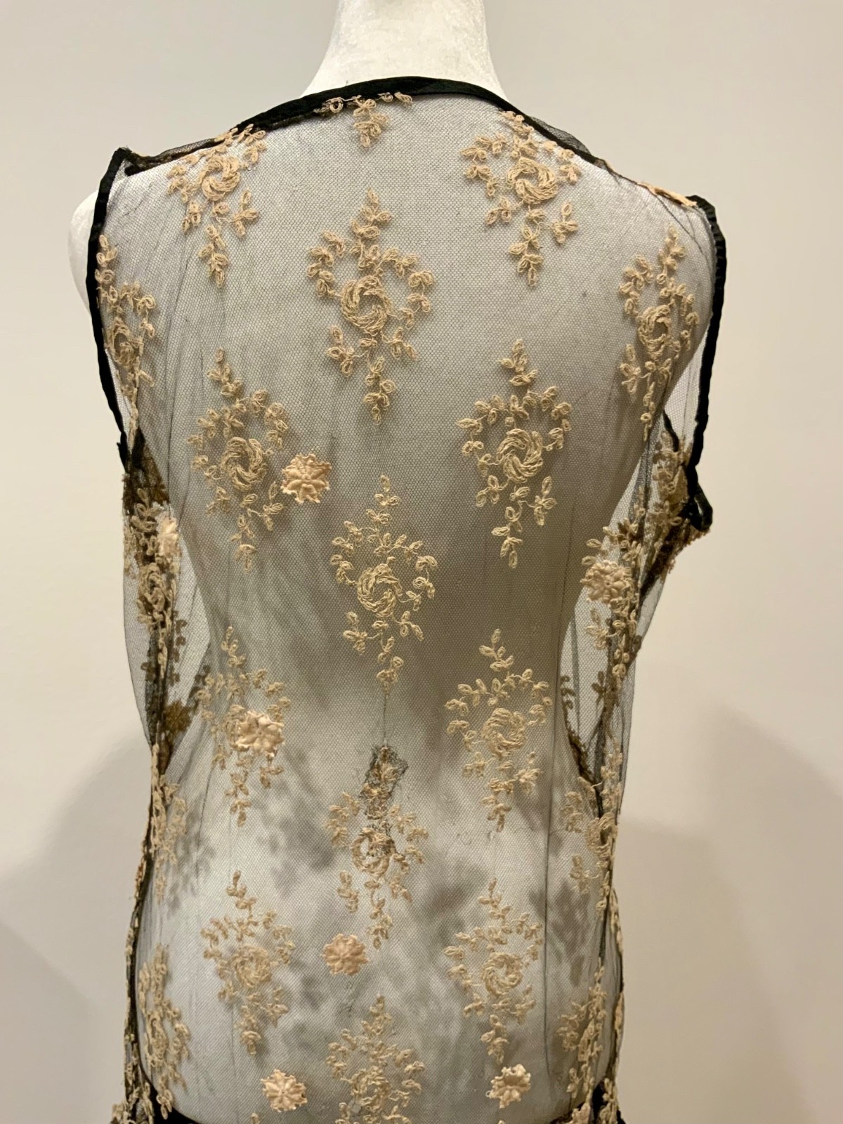 Rare 1920s French Lace Dress. Black Net & Pink Floral Embroidery. Restored S