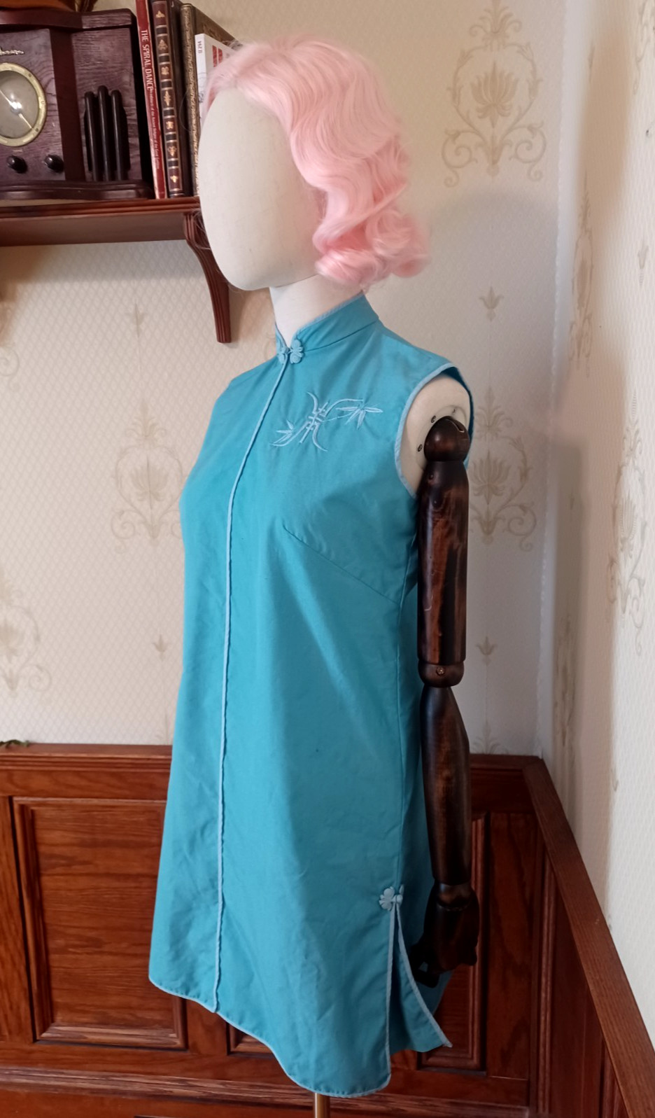 Vintage 1960s Sky-Blue Cotton Blend Mod Cheongsam Chinese Mini Dress