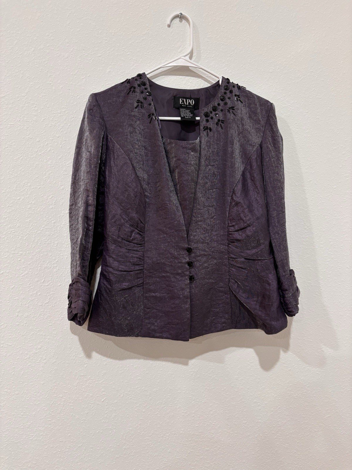 VTG 90s EXPO Purple Beaded 2pc Blazer Set S Whimsigoth Office Siren Formal