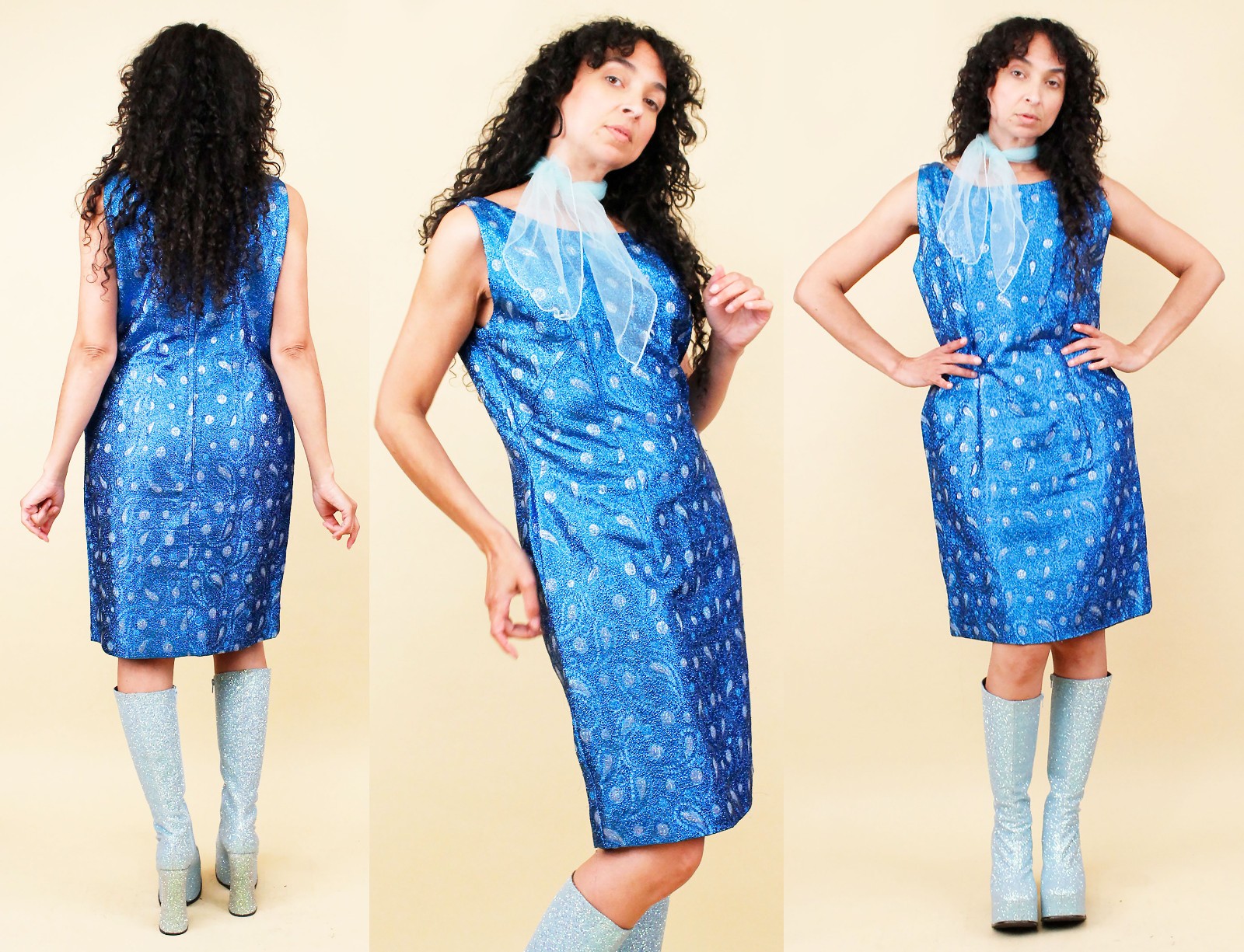 50s 60s Vtg Blue Lurex Metallic Paisley Wiggle Mini Dress Pin Up Glam B38″ M